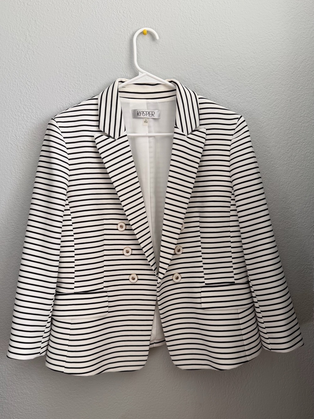 Kasper Black and White Striped Double-Breasted Blazer
